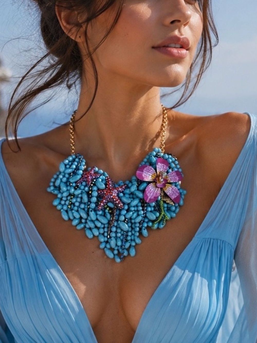 Betsey Johnson Turquoise Beaded Floral Statement Necklace with Pink Accent - Picture 1 of 3
